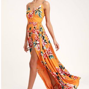Lulu's Floral Flirtation Orange Floral Print Wrap Maxi Dress Size S